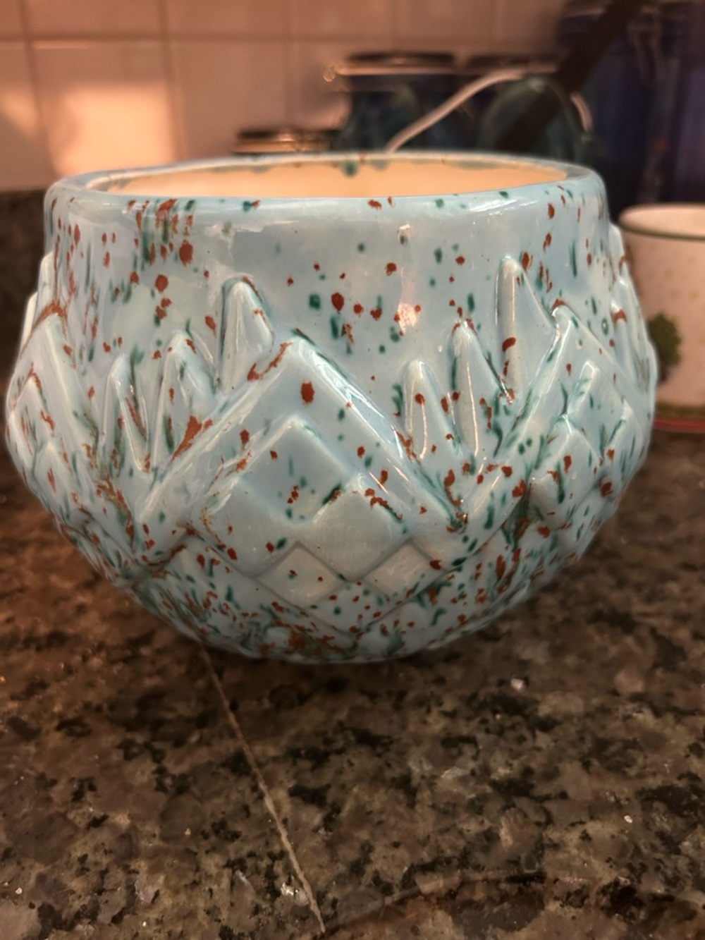 vintage Atlantic Mold ceramic planter with a teal splatter glaze